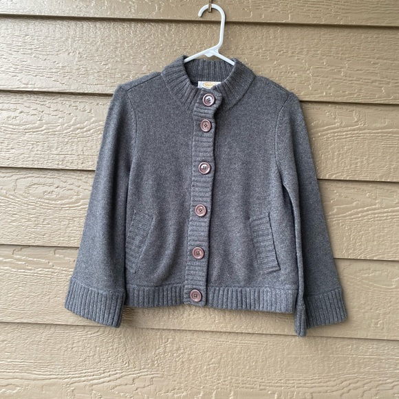 Talbots Cashmere Merino Wool Sweater Cardigan Gray Bell Sleeves Mock Neck - Picture 2 of 10